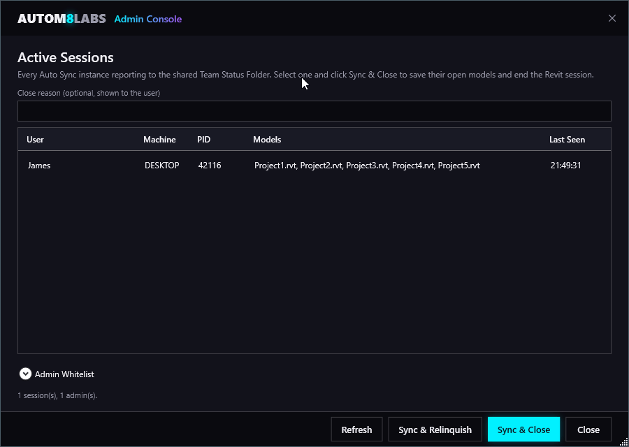 Admin Console listing active sessions and issuing a Sync & Close command