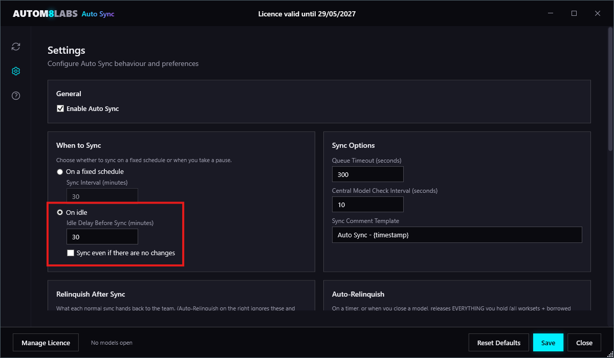 Auto Sync Settings dialog with On idle mode selected, showing the idle delay before sync and the sync-even-if-no-changes option