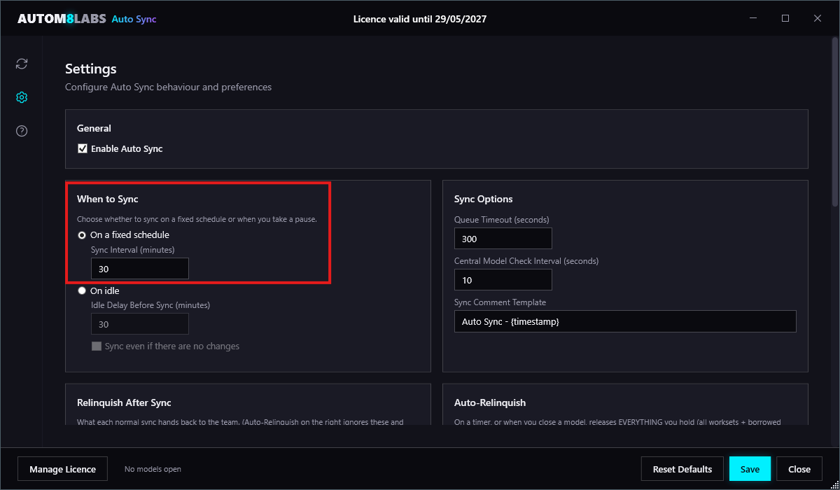 Auto Sync Settings dialog with On a fixed schedule selected, showing the sync interval in minutes