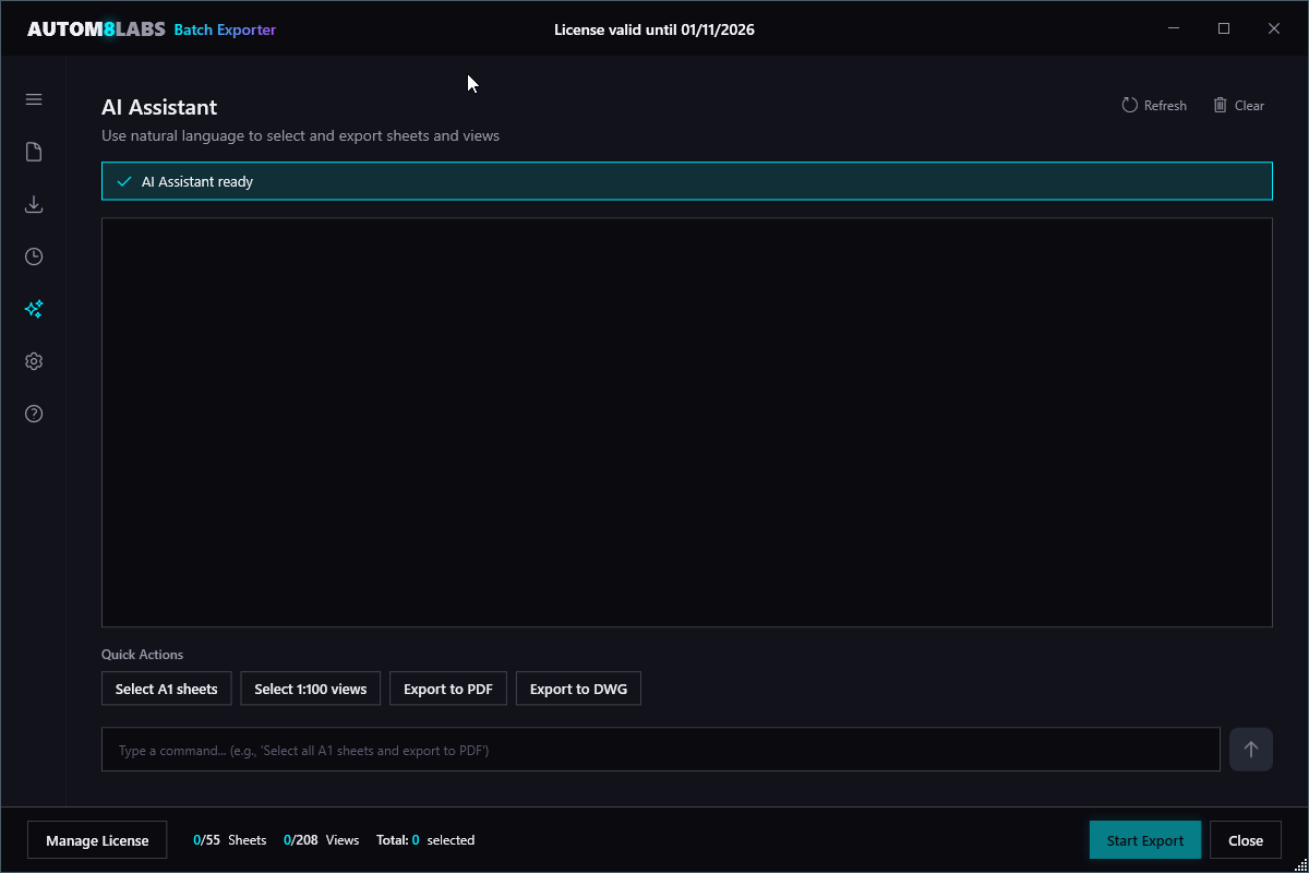 AI Assistant Tab with natural language chat interface and quick action buttons