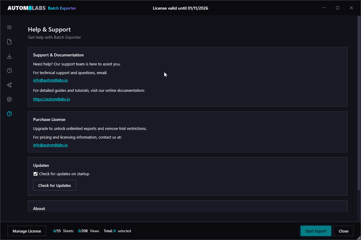 Help Tab showing support and documentation links, purchase license options, and update settings
