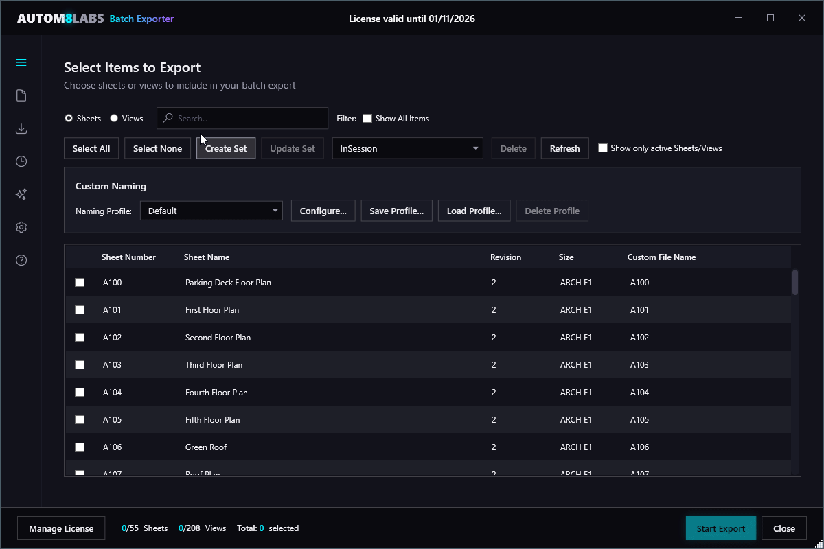 Selection Tab interface showing sheets list