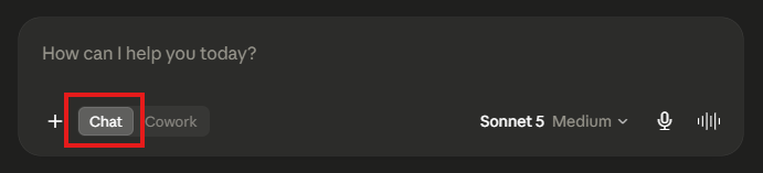 The Chat mode selected in the Claude Desktop message box, with the Cowork option beside it
