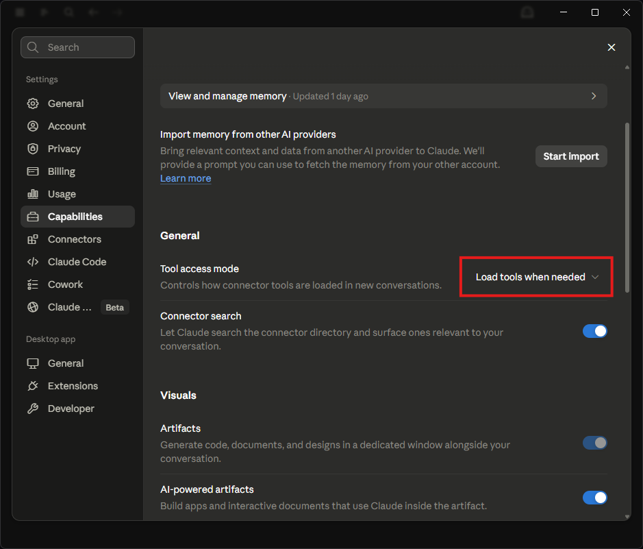 The 'Load tools when needed' setting enabled in Claude Desktop