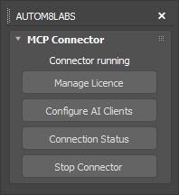 The AUTOM8LABS MCP Connector panel docked in 3ds Max