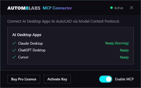 The MCP Connector for Civil 3D dialog showing detected AI desktop apps and the Enable MCP toggle