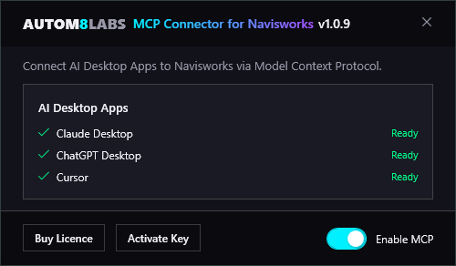 The MCP Connector for Navisworks dialog showing detected AI desktop apps and the Enable MCP toggle