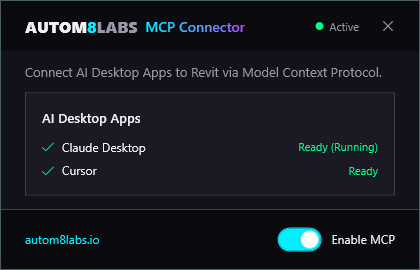 MCP Connector Pro dialog showing Claude Desktop as Ready and Cursor as Not Detected
