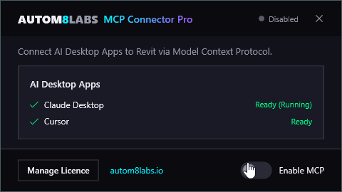 Enabling MCP Connector for Revit - entering the licence key and toggling Enable MCP in the connector dialog