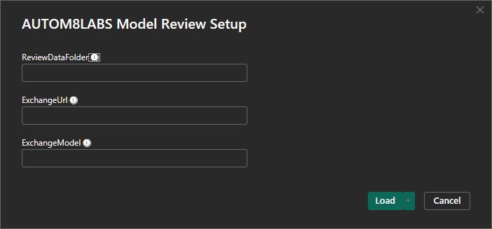 Power BI template setup prompt with ReviewDataFolder, ExchangeUrl and ExchangeModel fields, followed by the Load button