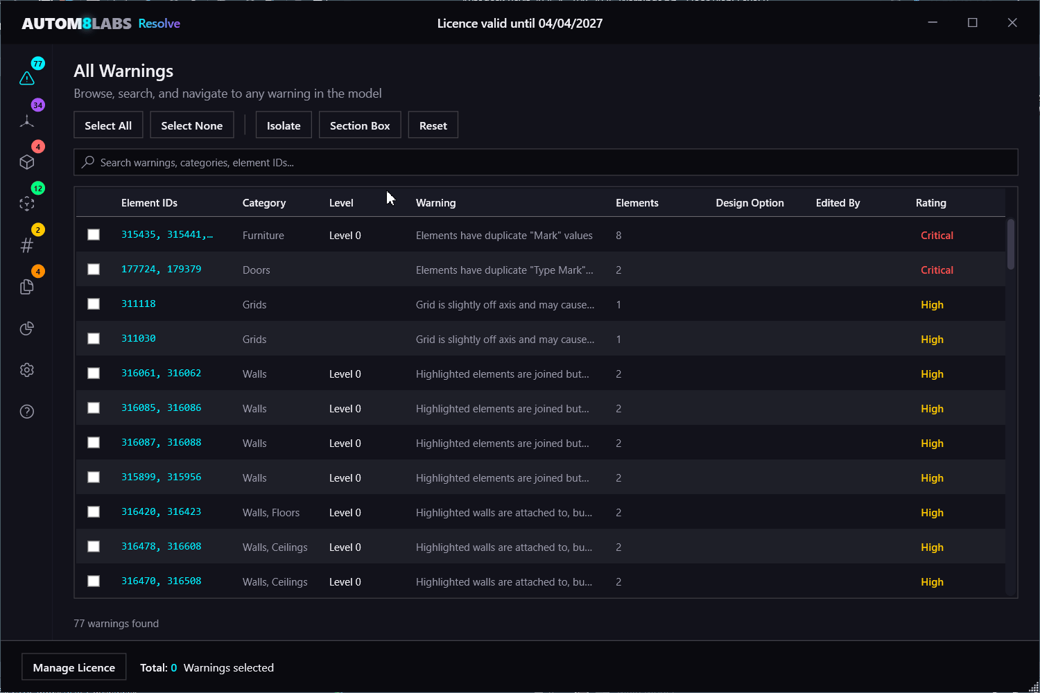The All Warnings tab with sortable columns and search