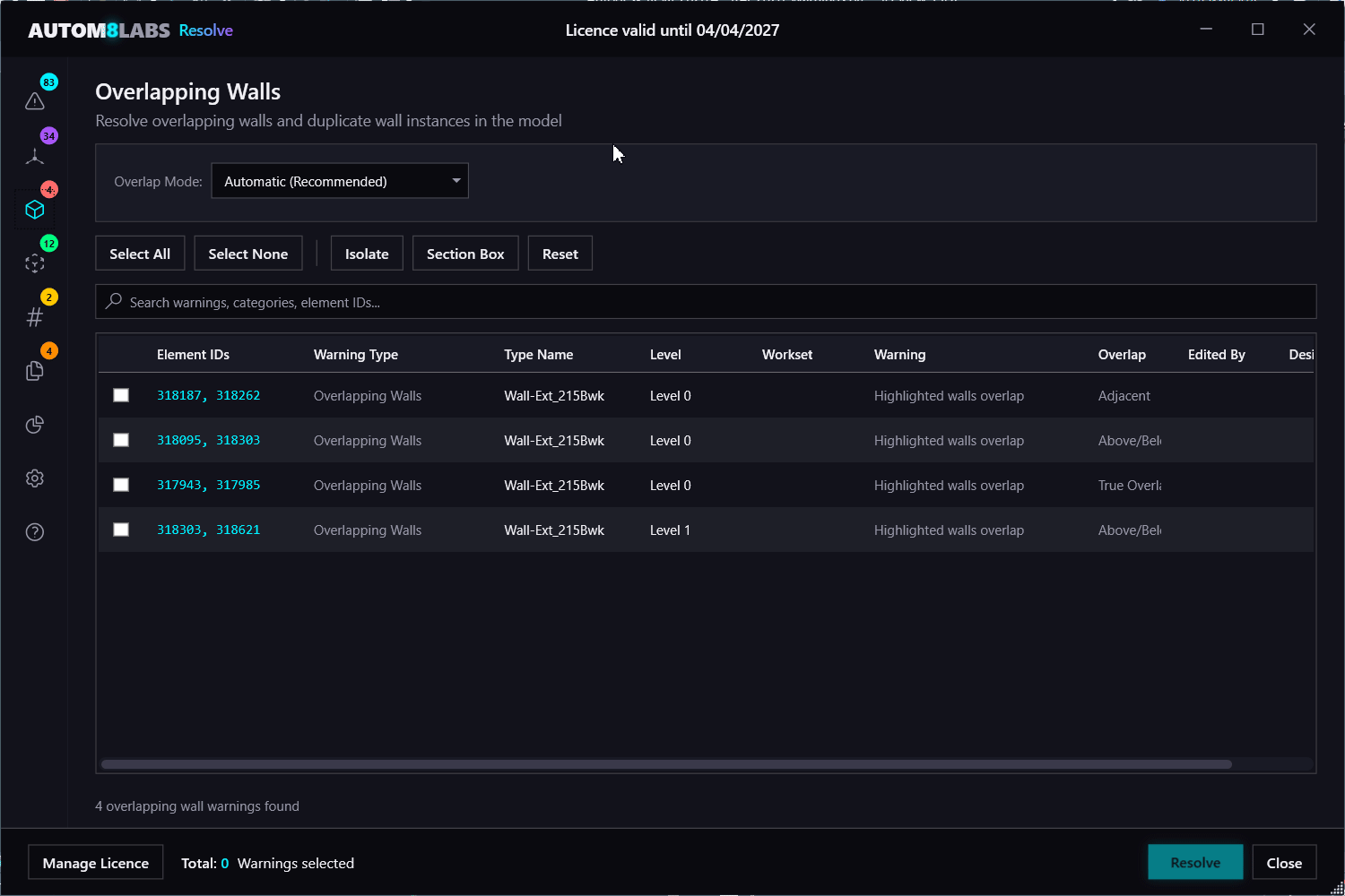 Overlapping Walls tab with resolution strategies