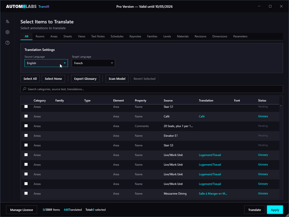 Transl8 main dialog showing scanning and language selection — source/target language dropdowns and live scan results